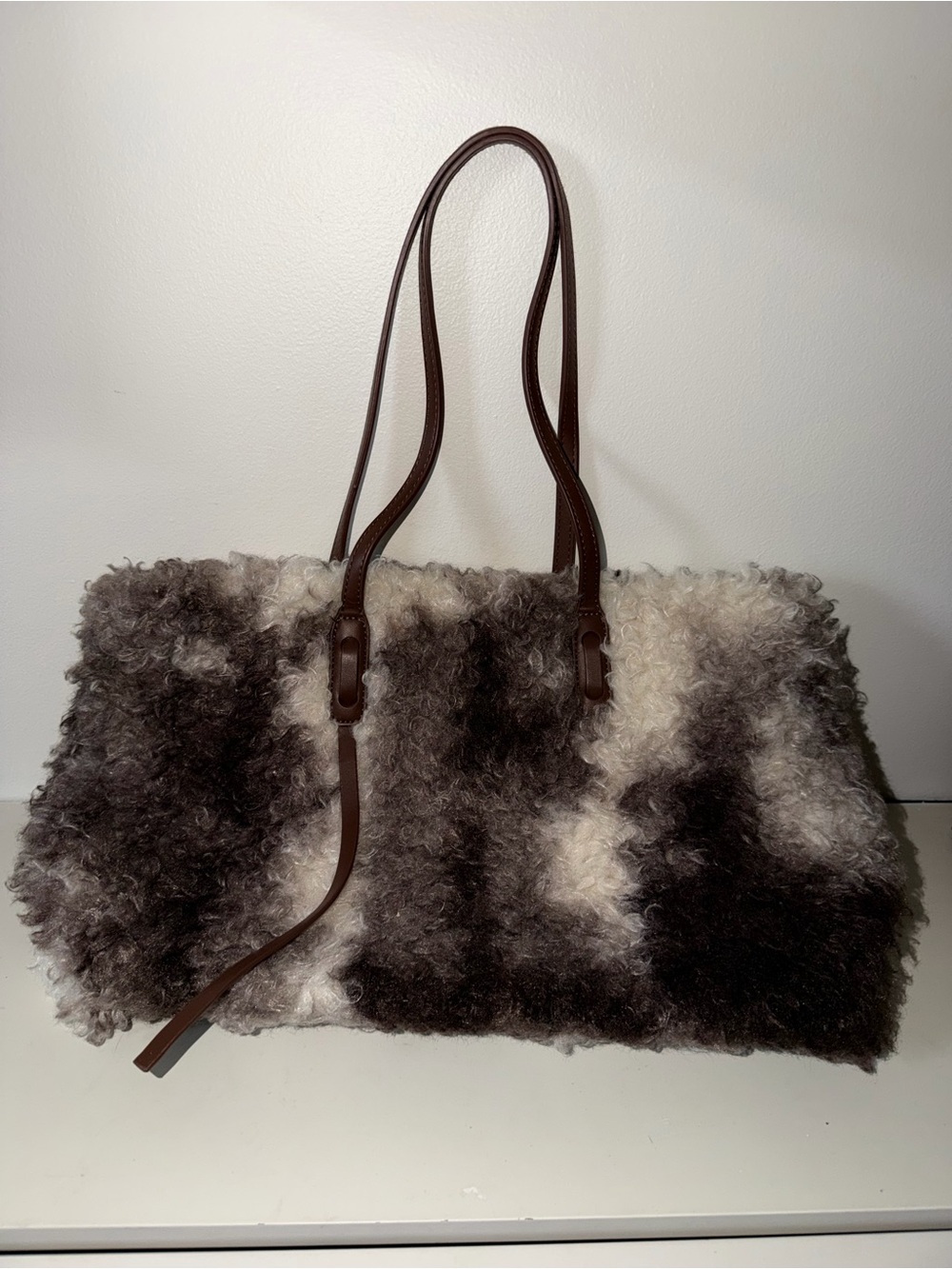 Plush Two-Tone Shearling Tote with Brown Leather Straps
